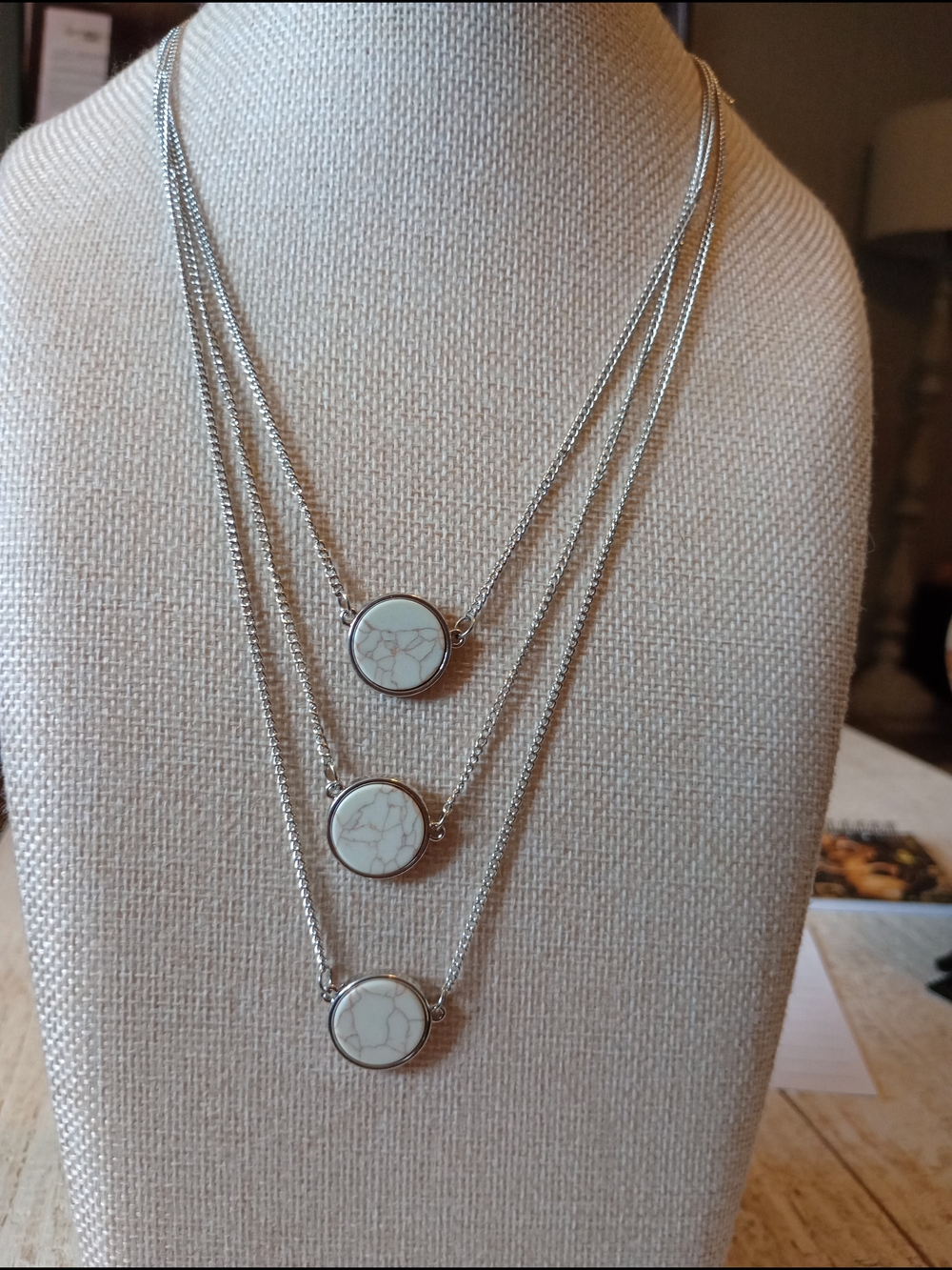 Triple Layer Silver Tone Necklace with White Marble Discs